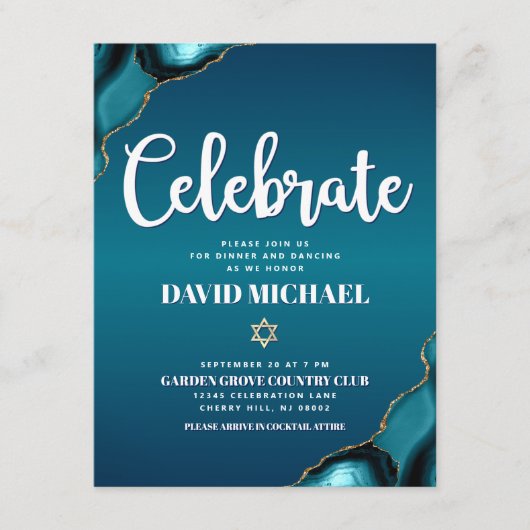 Bar Mitzvah Modern Turquoise Ombre Agate Script Informatiekaartje (Voorkant)