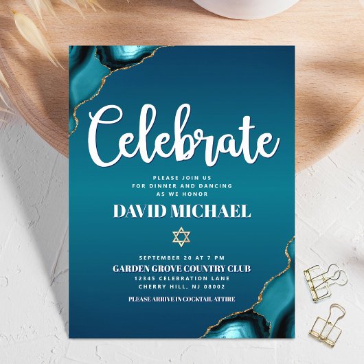 Bar Mitzvah Modern Turquoise Ombre Agate Script Informatiekaartje