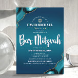 Bar Mitzvah Modern Turquoise Ombre Agate Script Kaart<br><div class="desc">Wees trots, blij en toon deze mijlpaal van je favoriete Bar Mitzvah! Verzend uit deze koele, unieke, moderne, gepersonaliseerde, Hebreeuwse naamuitnodiging voor een gebeurtenis om te herinneren. Witte scripttypografie en een faux gouden ster van David bedekken een diepe turquoise blauwgroen blauwe ombre achtergrond met turquoise blue agate, voorzien van faux...</div>