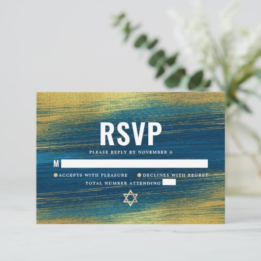 Bar Mitzvah Modern Typografie Turquoise Gold Foil RSVP Kaartje (Staand voorkant)