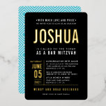 BAR MITZVAH modern vet blok type zwart blauw goud Folie Uitnodiging<br><div class="desc">door kat massard >> WWW.SIMPLYSWEETPAPERIE.COM <<< - - - - - - - - - - - - - met echte glans-gouden folie-elementen! NEEM ME CONTACT om u te helpen bij het in evenwicht brengen van uw type: houd perfect van het ontwerp, maar zou graag enkele wijzigingen zien - een...</div>