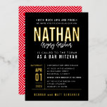 BAR MITZVAH modern vet blok type zwart rood goud Folie Uitnodiging<br><div class="desc">door kat massard >> WWW.SIMPLYSWEETPAPERIE.COM <<< - - - - - - - - - - - - - met echte glans-gouden folie-elementen! NEEM ME CONTACT om u te helpen bij het in evenwicht brengen van uw type: houd perfect van het ontwerp, maar zou graag enkele wijzigingen zien - een...</div>