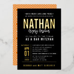 BAR MITZVAH modern vet blok type zwart sinaasappel Folie Uitnodiging<br><div class="desc">door kat massard >> WWW.SIMPLYSWEETPAPERIE.COM <<< - - - - - - - - - - - - - met echte glans-gouden folie-elementen! NEEM ME CONTACT om u te helpen bij het in evenwicht brengen van uw type: houd perfect van het ontwerp, maar zou graag enkele wijzigingen zien - een...</div>