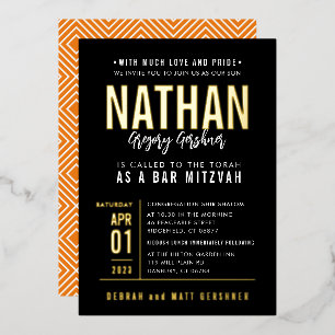 BAR MITZVAH modern vet bloktype zwart oranje Folie Uitnodiging