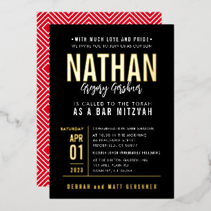 BAR MITZVAH modern vet bloktype zwart rood goud Folie Uitnodiging