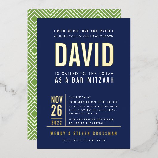 BAR MITZVAH modern, vetgedrukt bloktype marjoviaal Folie Uitnodiging (Voorkant / Achterkant)