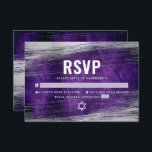 Bar Mitzvah Modern Zilverfolie Paarse Waterverf RSVP Kaartje<br><div class="desc">Wees trots, blij en vier deze mijlpaal van je favoriete Bar Mitzvah met deze coole, unieke, moderne, gepersonaliseerde RSVP-invoegkaart voor je evenement! Metallic zilverfolie penseelstreken en Star van David, samen met een gewaagde witte typografie, bedekken een rijke, donkere paarse ombre waterverf achtergrond. Pas de douanetekst met het "antwoord tegen"datum aan....</div>