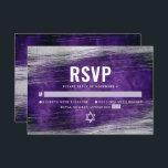 Bar Mitzvah Modern Zilverfolie Paarse Waterverf RSVP Kaartje<br><div class="desc">Wees trots, blij en vier deze mijlpaal van je favoriete Bar Mitzvah met deze coole, unieke, moderne, gepersonaliseerde RSVP-invoegkaart voor je evenement! Metallic zilverfolie penseelstreken en Star van David, samen met een gewaagde witte typografie, bedekken een rijke, donkere paarse ombre waterverf achtergrond. Pas de douanetekst met het "antwoord tegen"datum aan....</div>
