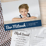 Bar Mitzvah Moderne Eenvoudige Aangepaste Fotouitn Uitnodiging Briefkaart<br><div class="desc">Het ontwerp is samengesteld uit sans serif typografie en playful cursieve manuscripttypografie op een eenvoudige achtergrond. Voeg een douane horizontale foto toe. Hier te vinden op: http://www.zazzle.com/store/selectpartysupplies</div>