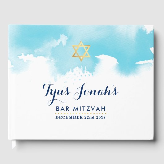 BAR MITZVAH moderne gouden ster aqua blauw waterve Gastenboek (Voorkant)