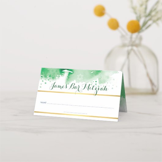 BAR MITZVAH moderne groene waterverf gouden folie  Plaatskaartje (Voorkant)