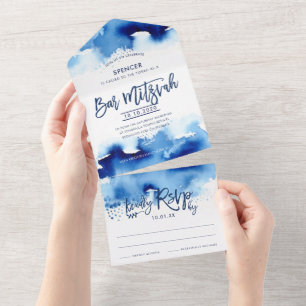 BAR MITZVAH moderne handlettering in blauwe waterv All In One Uitnodiging