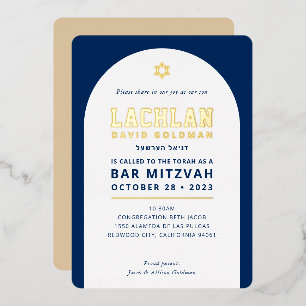 BAR MITZVAH moderne minimale boog marine wit goud Folie Uitnodiging