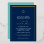 BAR MITZVAH moderne, minimale sterrenmarinemunt Folie Uitnodiging<br><div class="desc">door kat massard Modern uitnodiging met 'glanzend goudfolie' voor de MITZVAH viering van je kind. Eenvoudig de sjabloon zelf per e-mail bij te werken voor overeenkomende objecten en alternatieve kleurenschema's - kat@simplysweetpaperie.com</div>