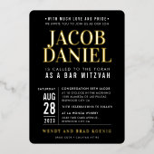 BAR MITZVAH moderne, minimale vettige zwarte rood Folie Uitnodiging (Voorkant)