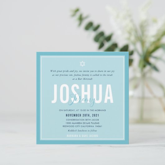 BAR MITZVAH moderne naam helder hemelsblauw Kaart (Staand voorkant)