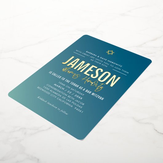 BAR MITZVAH moderne ster blauwe mintgradiënt  Folie Uitnodiging (Gedraaid)