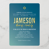 BAR MITZVAH moderne ster blauwe munt gradiënt Folie Uitnodiging (Voorkant)