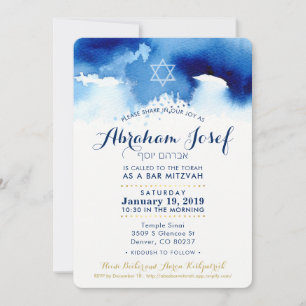 BAR MITZVAH Moderne ster Hebreeuws blauw waterverf Kaart