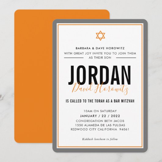 BAR MITZVAH moderne ster oranje grijs simpel Kaart (Voorkant / Achterkant)