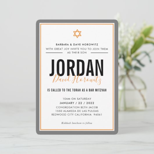 BAR MITZVAH moderne ster oranje grijs simpel Kaart (Staand voorkant)