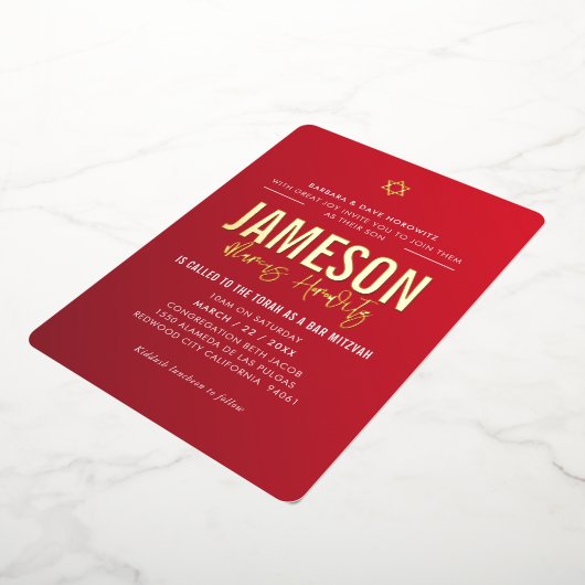 BAR MITZVAH moderne ster rood bordeauxrood verloop Folie Uitnodiging (Gedraaid)