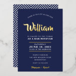 BAR MITZVAH moderne typografie kalligrafie navy Folie Uitnodiging<br><div class="desc">door kat massard Sophisticated uitnodiging met 'giny gold foil' voor de MITZVAH viering van je kind. Eenvoudig de sjabloon zelf per e-mail bij te werken voor overeenkomende objecten en alternatieve kleurenschema's - kat@simplysweetpaperie.com</div>