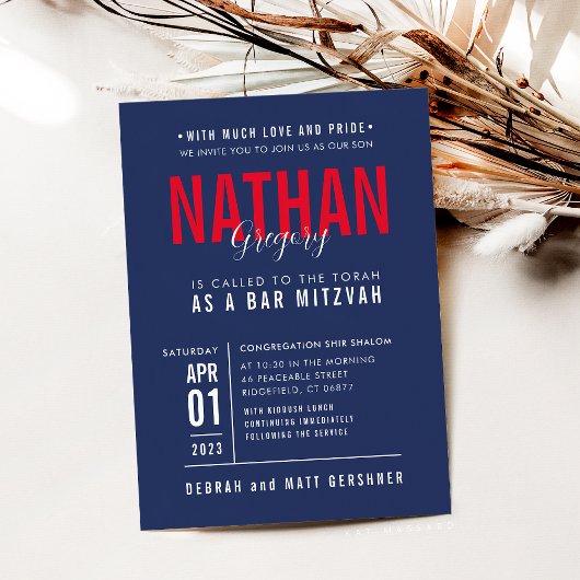 BAR MITZVAH moderne vette bloklettertype navyblauw Kaart
