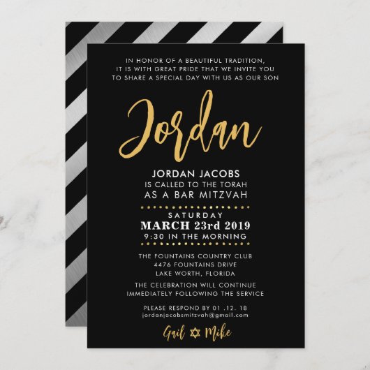 Bar Mitzvah moderne zwarte & goudkalligrafie Kaart (Voorkant / Achterkant)