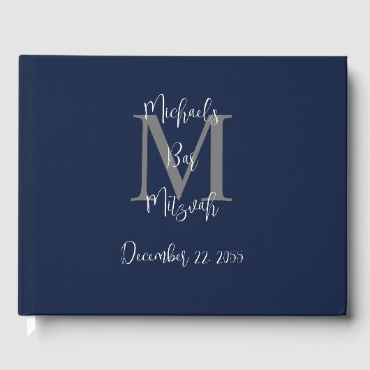 Bar Mitzvah Monogram Blauw Grijs Wit Inloggen Gastenboek (Voorkant)