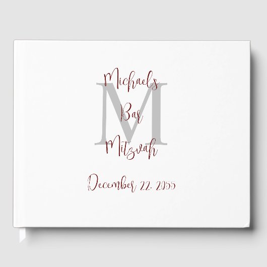 Bar Mitzvah Monogram Wit Bourgogne Grijs Inloggen Gastenboek (Voorkant)