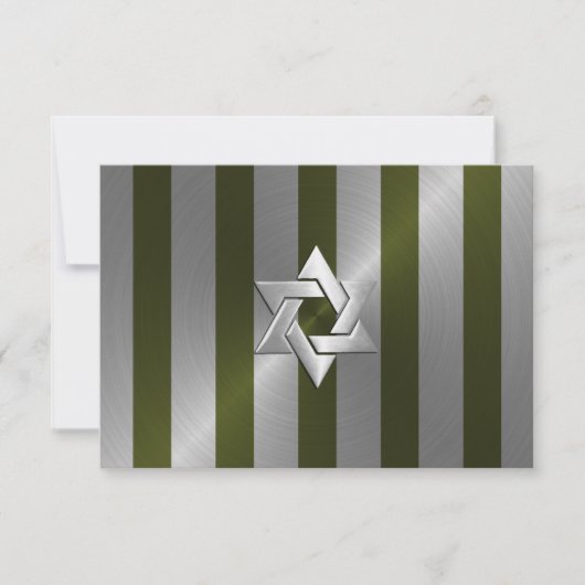 Bar Mitzvah Moss Green en Silver Stripe RSVP Kaartje (Voorkant)