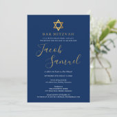 Bar Mitzvah Navy Blauwe Gouden Script Uitnodiging (Staand voorkant)