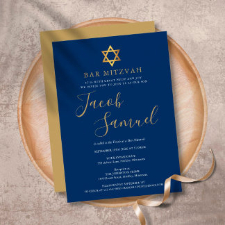 Bar Mitzvah Navy Blauwe Gouden Script Uitnodiging