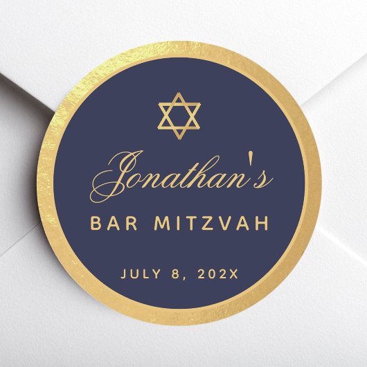 Bar Mitzvah Navy Blue Faux Gold Elegant Script Ronde Sticker