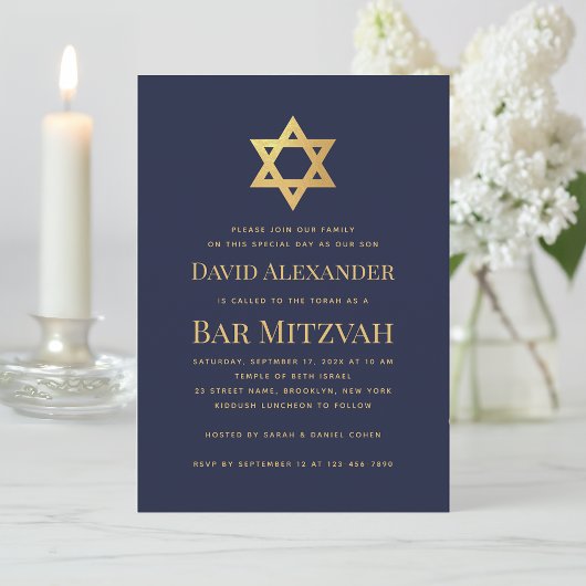 Bar Mitzvah Navy Blue Faux Gold Foil Star of David Kaart