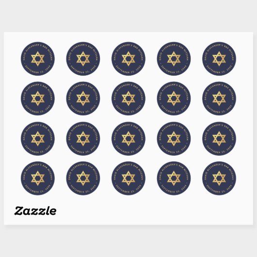 Bar Mitzvah Navy Blue Faux Gold Foil Star of David Ronde Sticker (Vel)