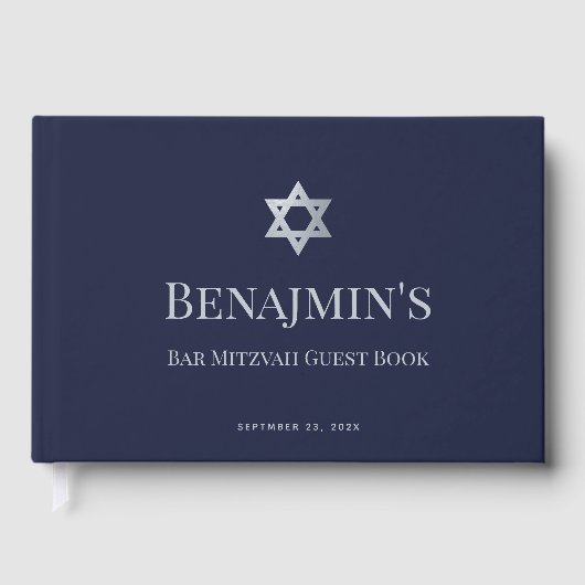 Bar Mitzvah Navy Blue Faux Silver Star of David Gastenboek (Voorkant)