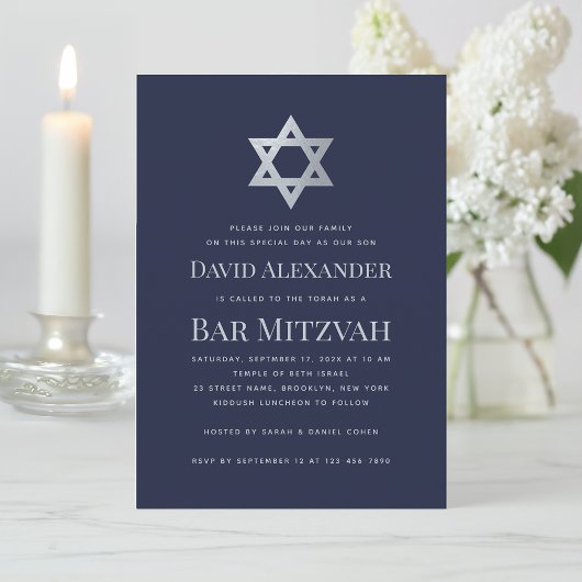 Bar Mitzvah Navy Blue & Faux Silver Star of David Kaart