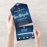 Bar Mitzvah Navy Blue Ombre Agate Modern Script All In One Uitnodiging<br><div class="desc">Wees trots, verheug je en laat deze mijlpaal van je favoriete Bar Mitzvah zien! Stuur deze coole, unieke, moderne, aangepaste all-in-one uitnodiging voor een evenement om te onthouden. White script typografie en Star of David overlay een diepe navy blauw ombre achtergrond met staal blauw agaat geaccentueerd met faux zilveren aderen....</div>