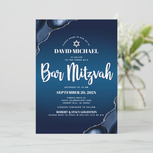 Bar Mitzvah Navy Blue Ombre Agate Modern Script Kaart (Staand voorkant)