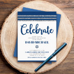 Bar Mitzvah Navy Blue Script Simple Modern Tallit Informatiekaartje<br><div class="desc">Wees trots, verheug je en laat deze mijlpaal van je favoriete Bar Mitzvah zien! Voeg dit coole, unieke, moderne, gepersonaliseerde inlegvel toe voor extra informatie over uw evenement. Vet, marineblauw schrift typografie, Star of David en een marineblauw en zilveren glitter gestreepte tallit geïnspireerde grafische overlay op een eenvoudige, witte achtergrond....</div>