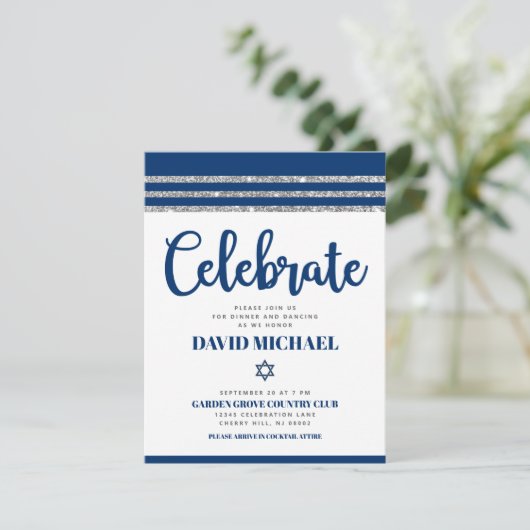 Bar Mitzvah Navy Blue Script Simple Modern Tallit Informatiekaartje (Staand voorkant)