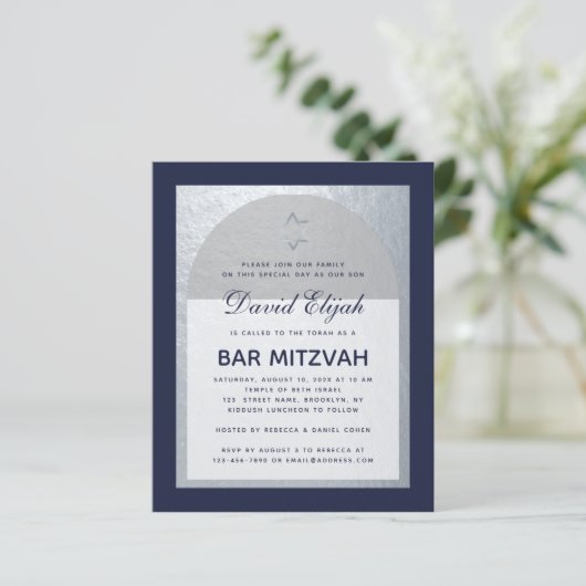 Bar Mitzvah Navy Blue Silver Budget Invitation (Staand voorkant)