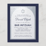 Bar Mitzvah Navy Blue Silver Budget Invitation<br><div class="desc">Een bar mitzvah uitnodiging. Op een blauw rechthoekige achtergrond van de marine heeft het een faux zilveren folie die binnenblauw tekst op witte achtergrond heeft. De naam wordt geschreven in een elegant kalligrafisch manuscript;. Er is een (faux) zilveren ster van David boven de tekst.</div>