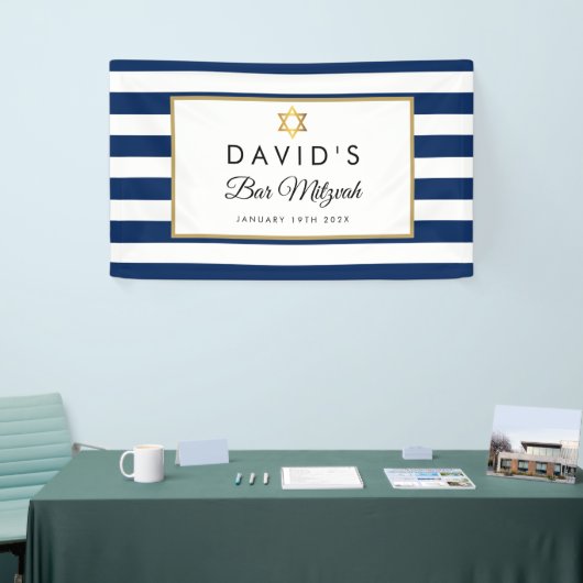Bar Mitzvah Navy Blue White Stripe Gold Spandoek (Beurs)