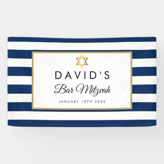Bar Mitzvah Navy Blue White Stripe Gold Spandoek (Horizontaal)