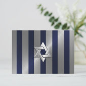 Bar Mitzvah Navy en Silver Stripe Star van David RSVP Kaartje (Staand voorkant)