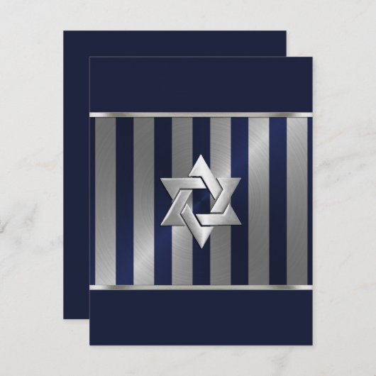 Bar Mitzvah Navy en Silver Stripe Star van David Save The Date (Voorkant / Achterkant)
