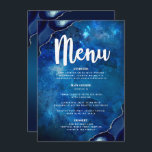 Bar Mitzvah Navy Galaxy Waterverf Agate Script Menu<br><div class="desc">Wees trots, verheug en toon deze mijlpaal van je favoriete Bar Mitzvah met een viering om trots op te zijn! Vertrek uw gasten met dit verbluffende, moderne menu van de partijmaaltijd, met een wit kalligrafiescript, gewaagde witte typografie, en stalen blauwe geaarde stenen voorzien van faux zilveren aderen, allemaal bedekt met...</div>
